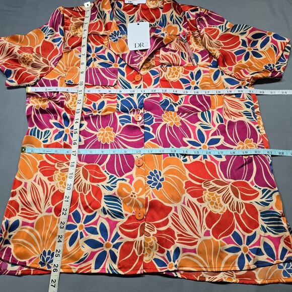 DR2 Orange Floral Shirt NEW Button Up Short Sleeves Hawaiian Women's Size L Top - Picture 5 of 7